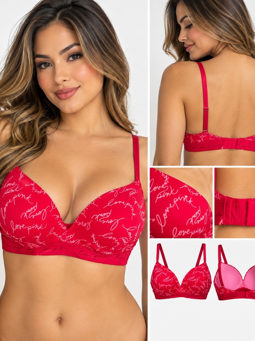 Padded Red Script Print Bra - PINK Victoria's Secret